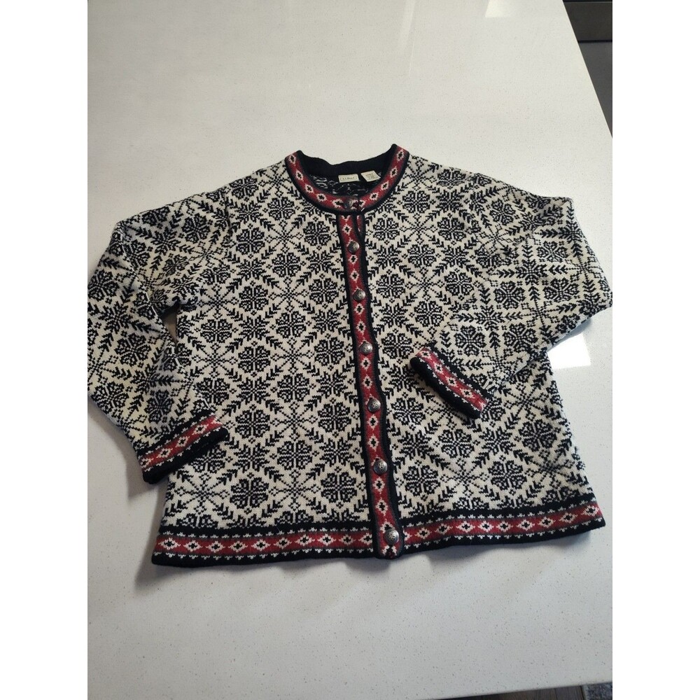 LL Bean 100% Wool XL Nordic Fair Isle Snow Flake Cardigan Sweater Metal Buttons